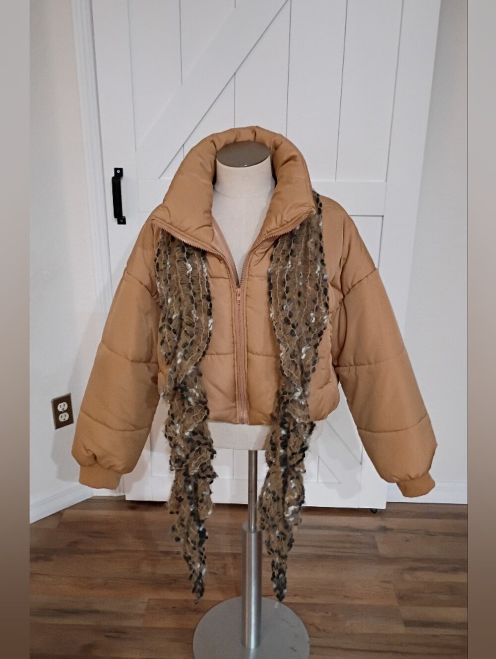 Tan Bomber Jacket with Textured Scarf Detail.  (NWT)